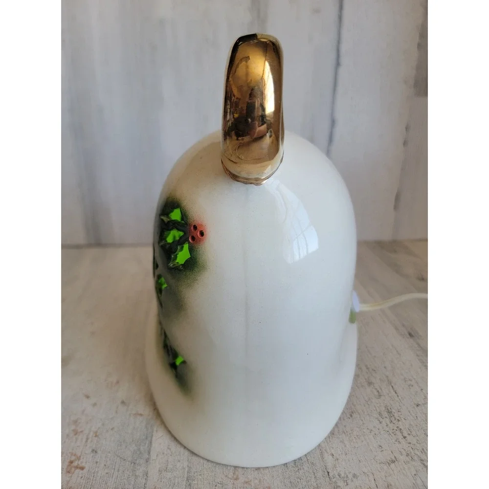 Large vintage Merry Christmas ceramic bell light up mistletoe white unique home